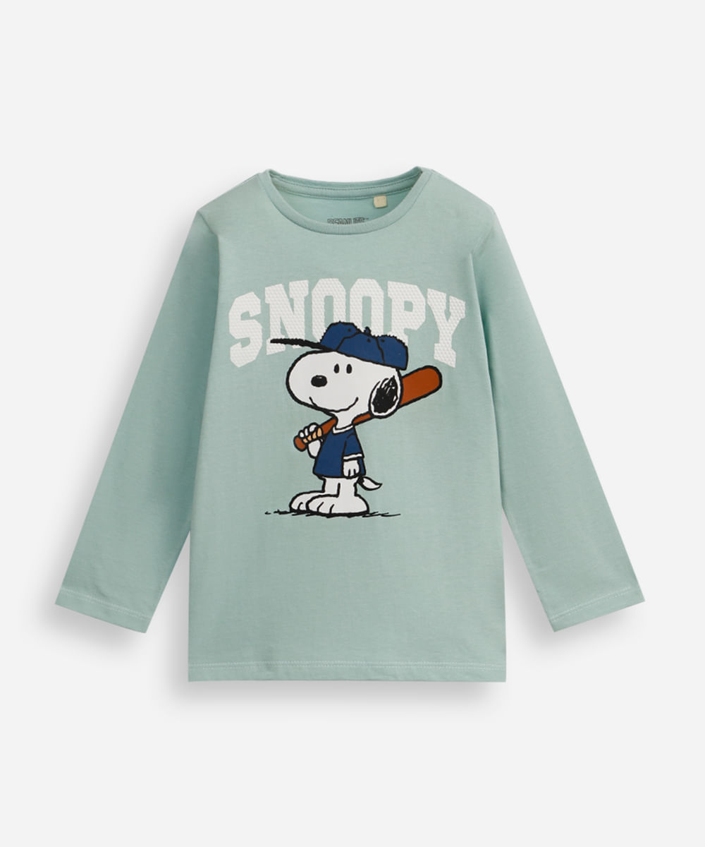 camiseta infantil de algodão manga longa snoopy verde