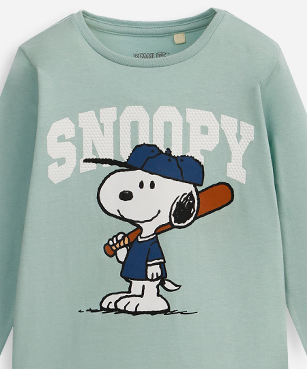 camiseta infantil de algodão manga longa snoopy verde