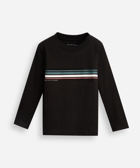 camiseta infantil de algodão manga longa com listras preta