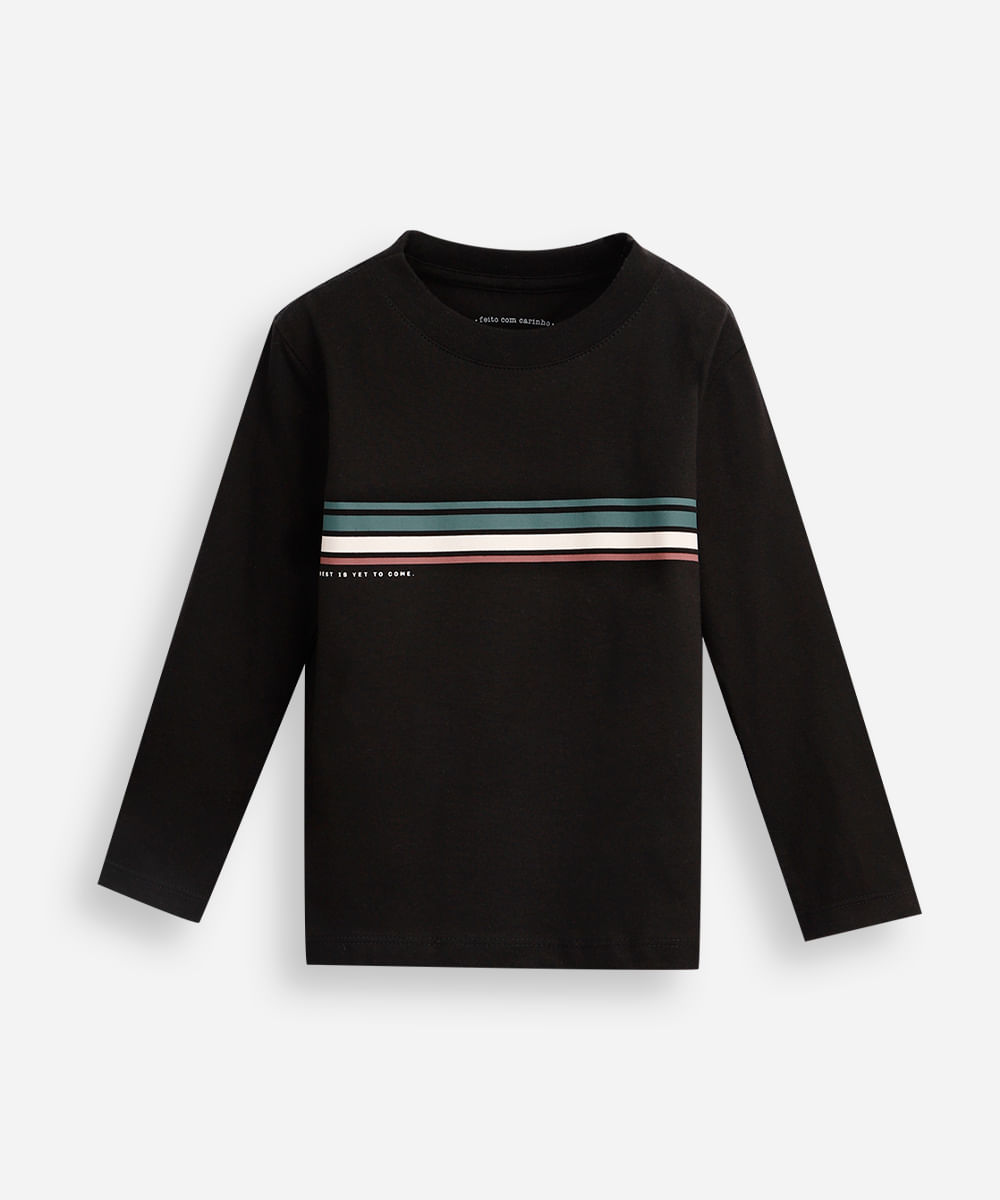 camiseta infantil de algodão manga longa com listras preta