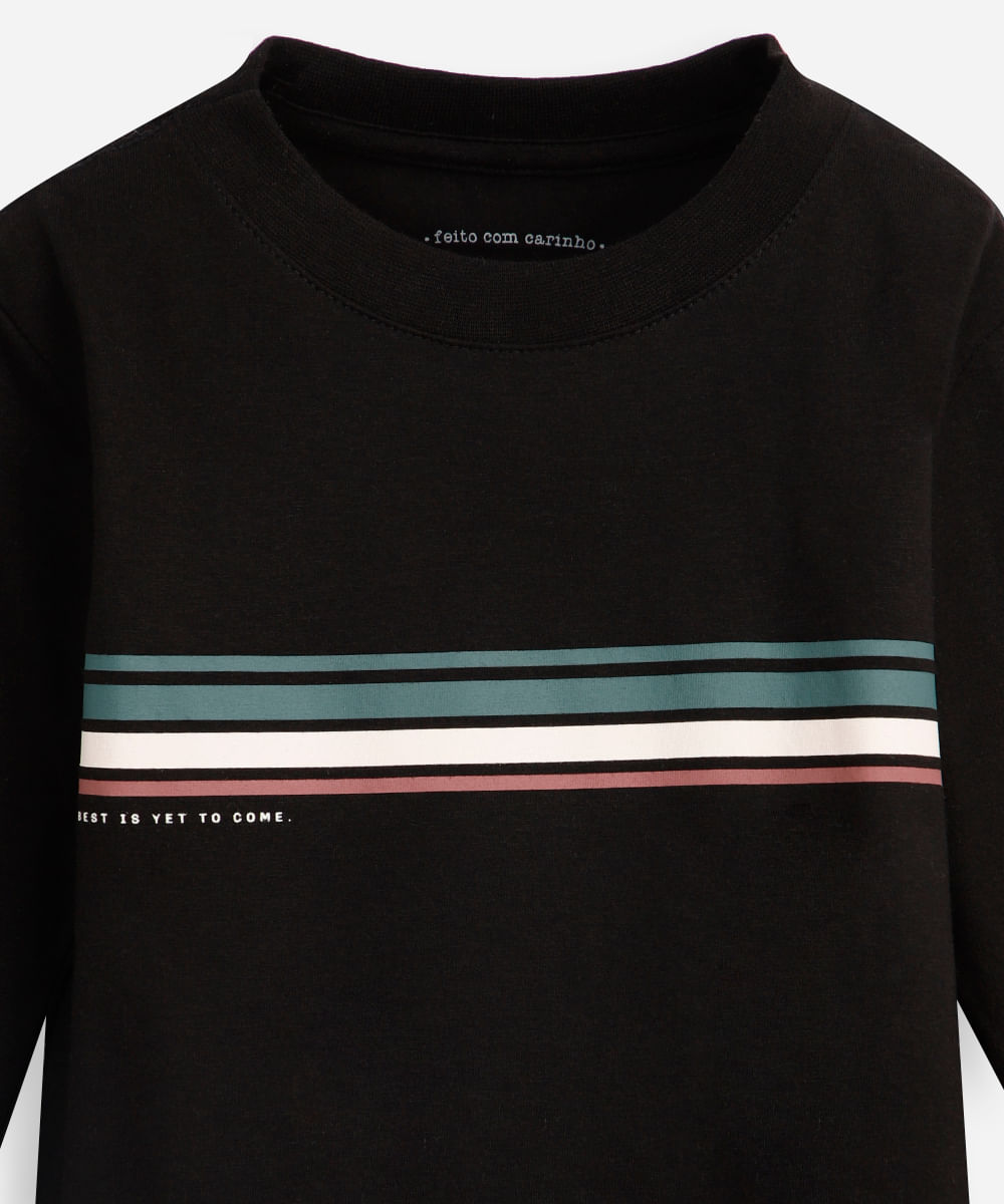 camiseta infantil de algodão manga longa com listras preta