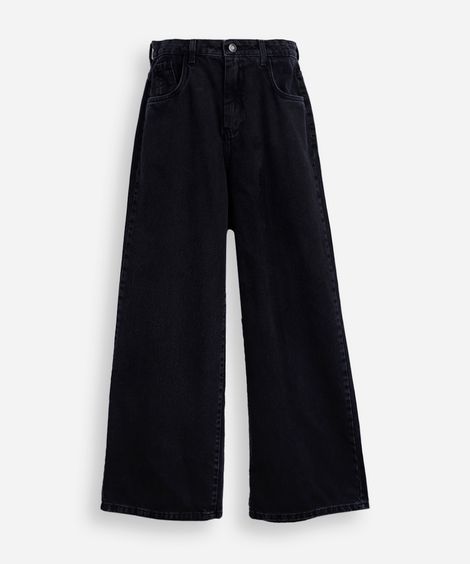calça juvenil wide leg jeans preta