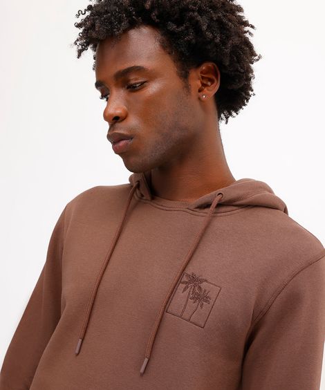 blusão masculino de moletom com capuz e bordado marrom