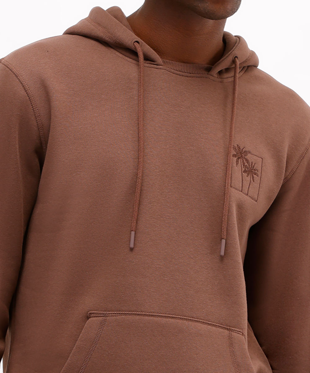 blusão masculino de moletom com capuz e bordado marrom