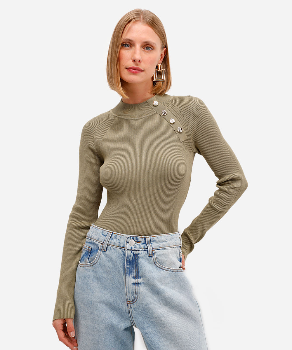 suéter feminino de tricot canelado verde
