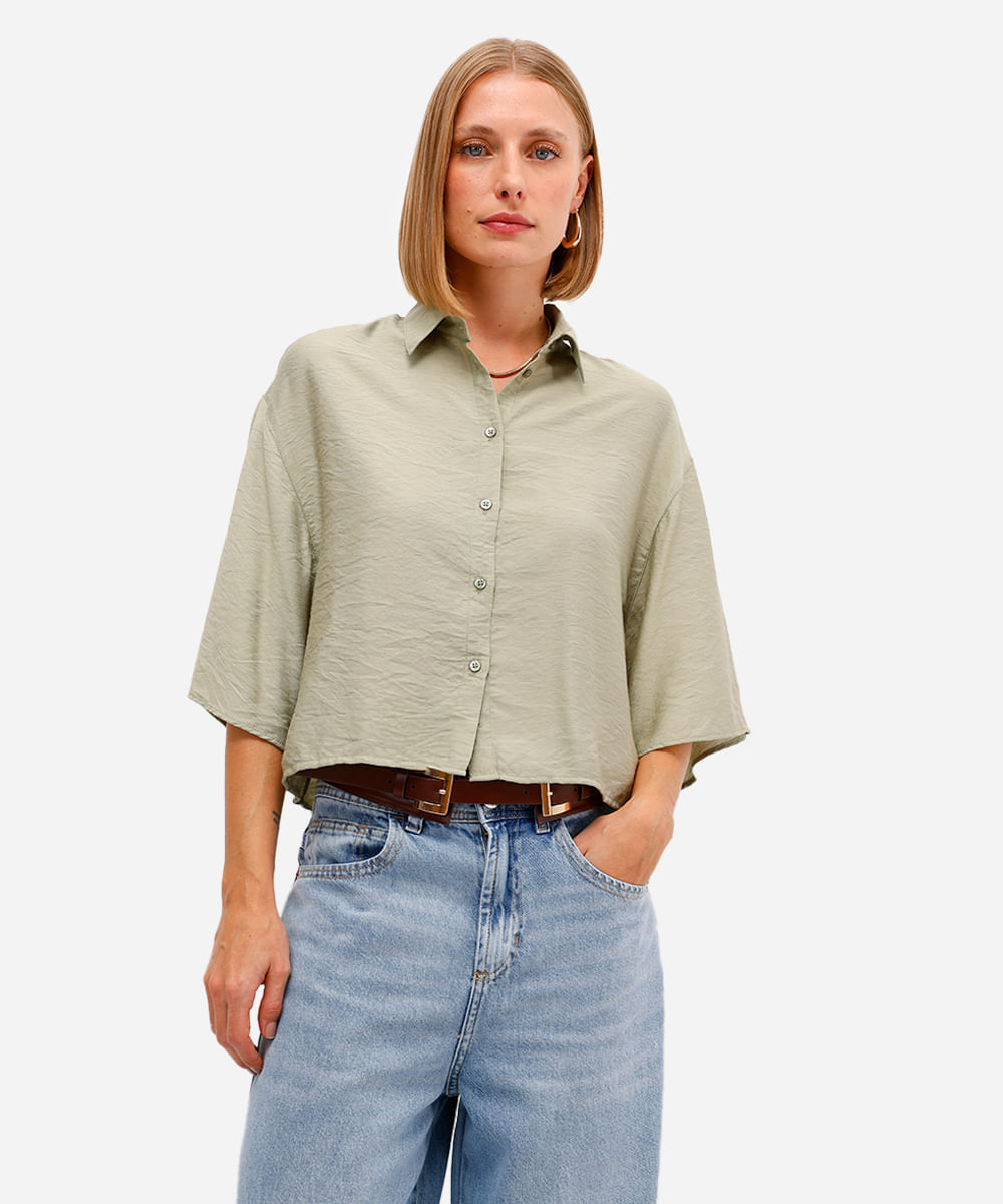 camisa feminina de viscose manga curta texturizada verde