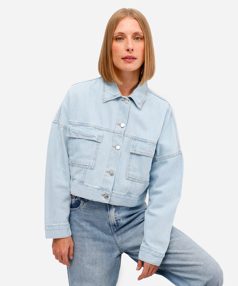 jaqueta cropped feminina jeans azul