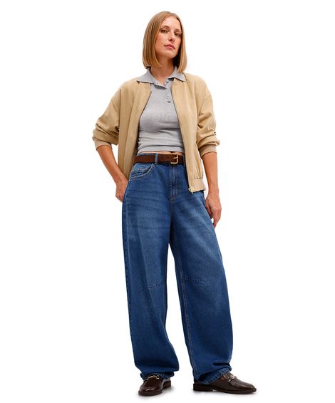calça balloon feminina jeans cintura alta azul