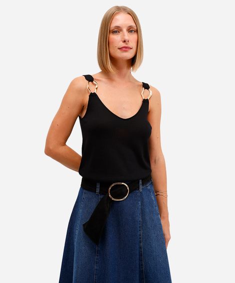 regata feminina de tricot decote v preta