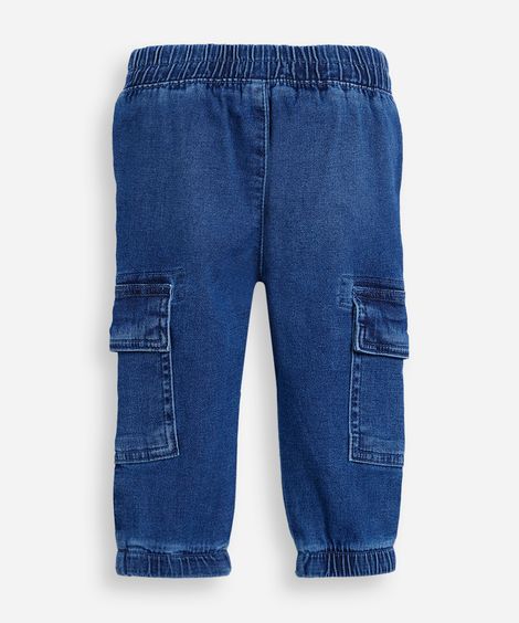 calça jeans cargo infantil com elástico azul