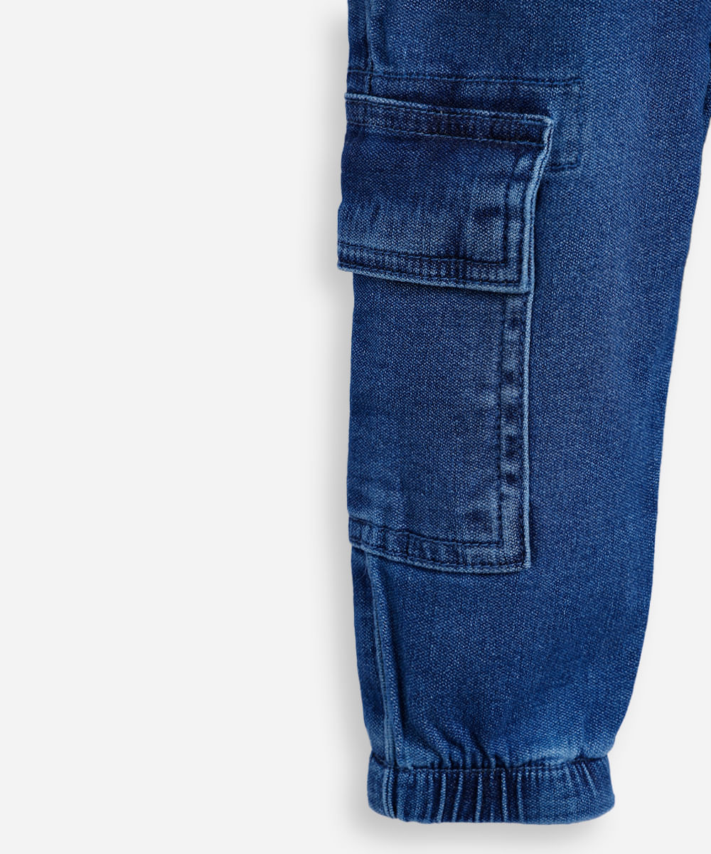calça jeans cargo infantil com elástico azul