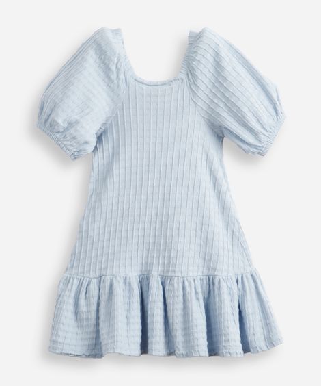 vestido de algodão infantil manga bufante texturizado azul