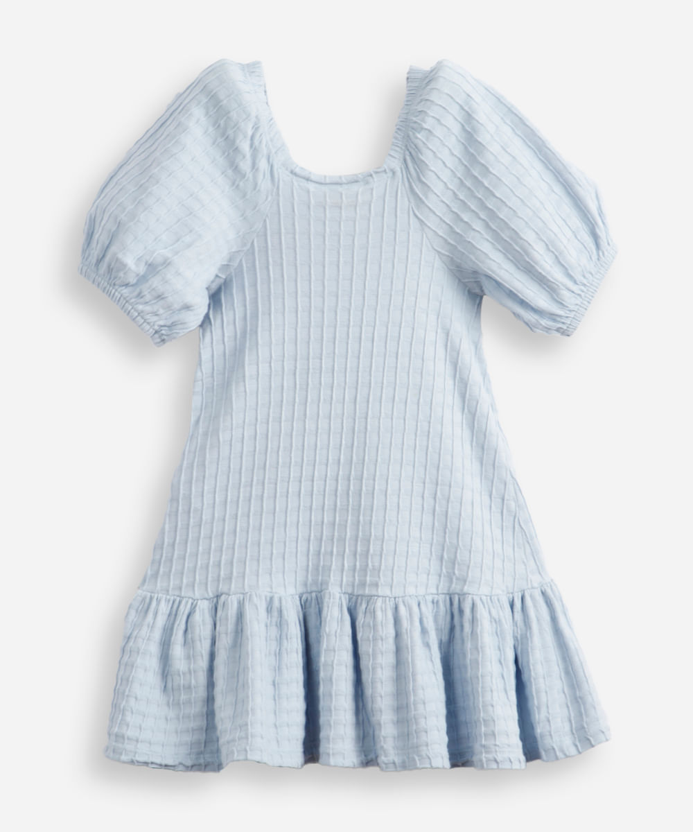 vestido de algodão infantil manga bufante texturizado azul