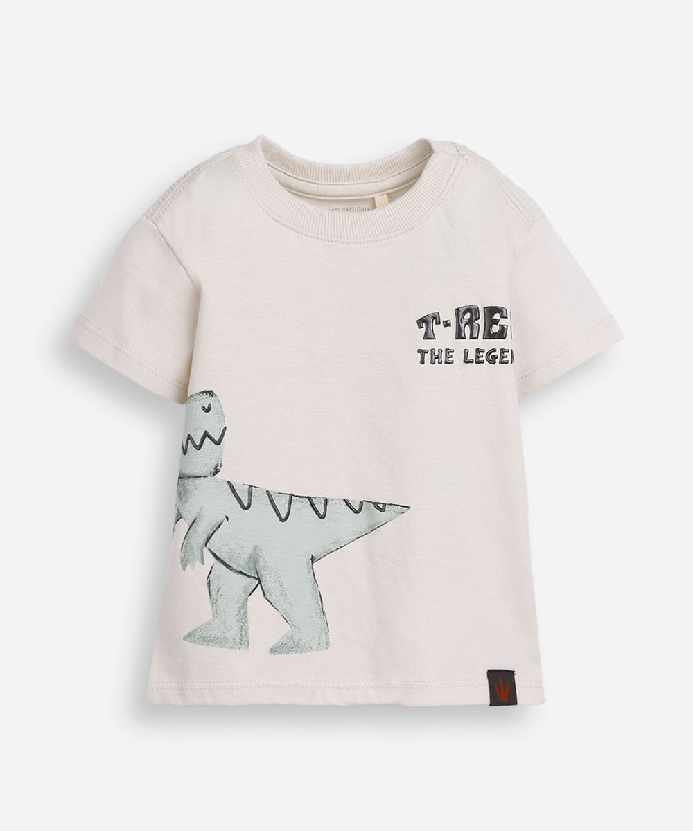 camiseta infantil de algodão manga curta dinossauro bege