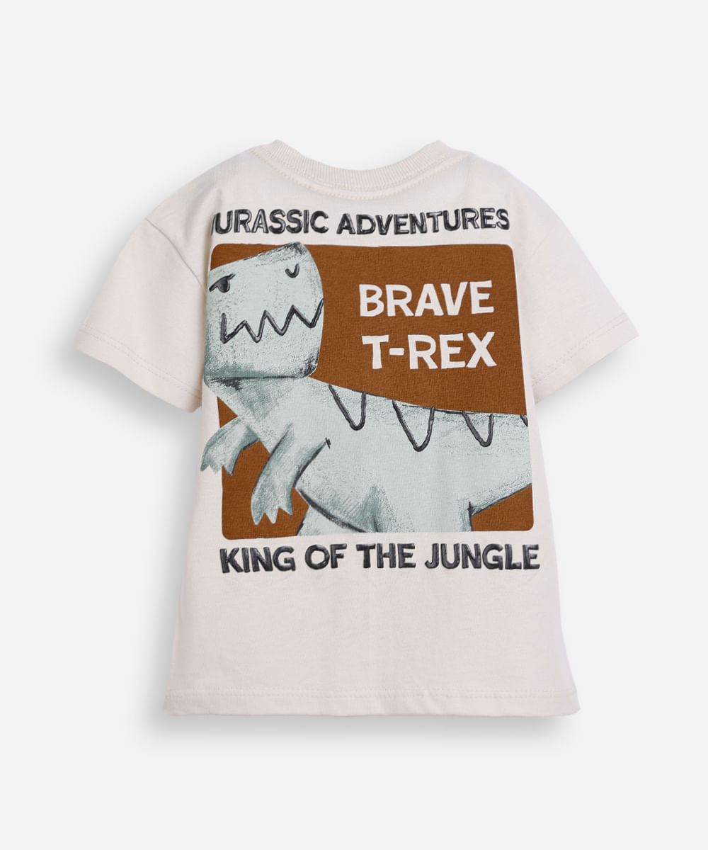 camiseta infantil de algodão manga curta dinossauro bege