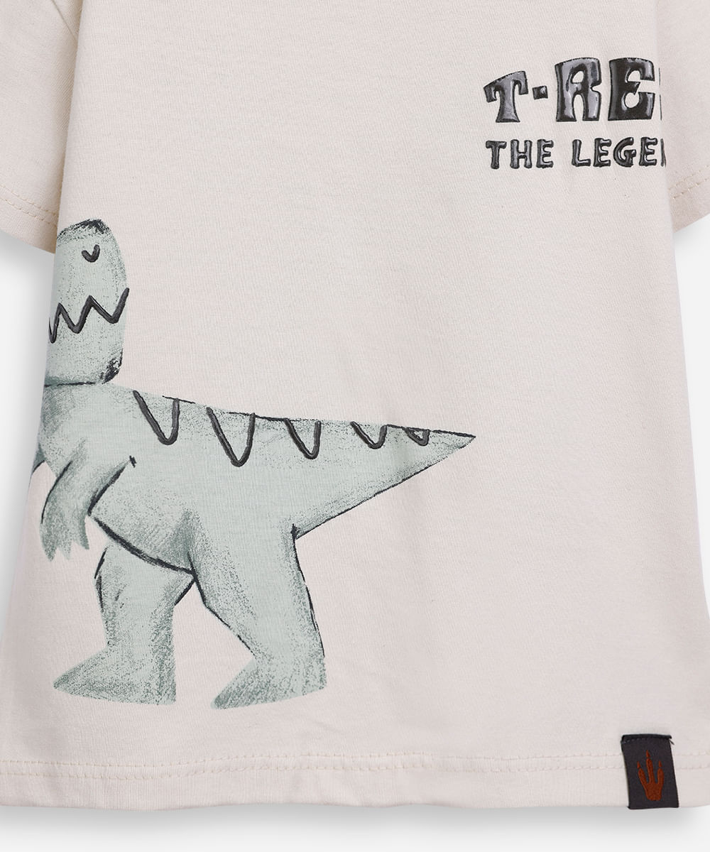 camiseta infantil de algodão manga curta dinossauro bege