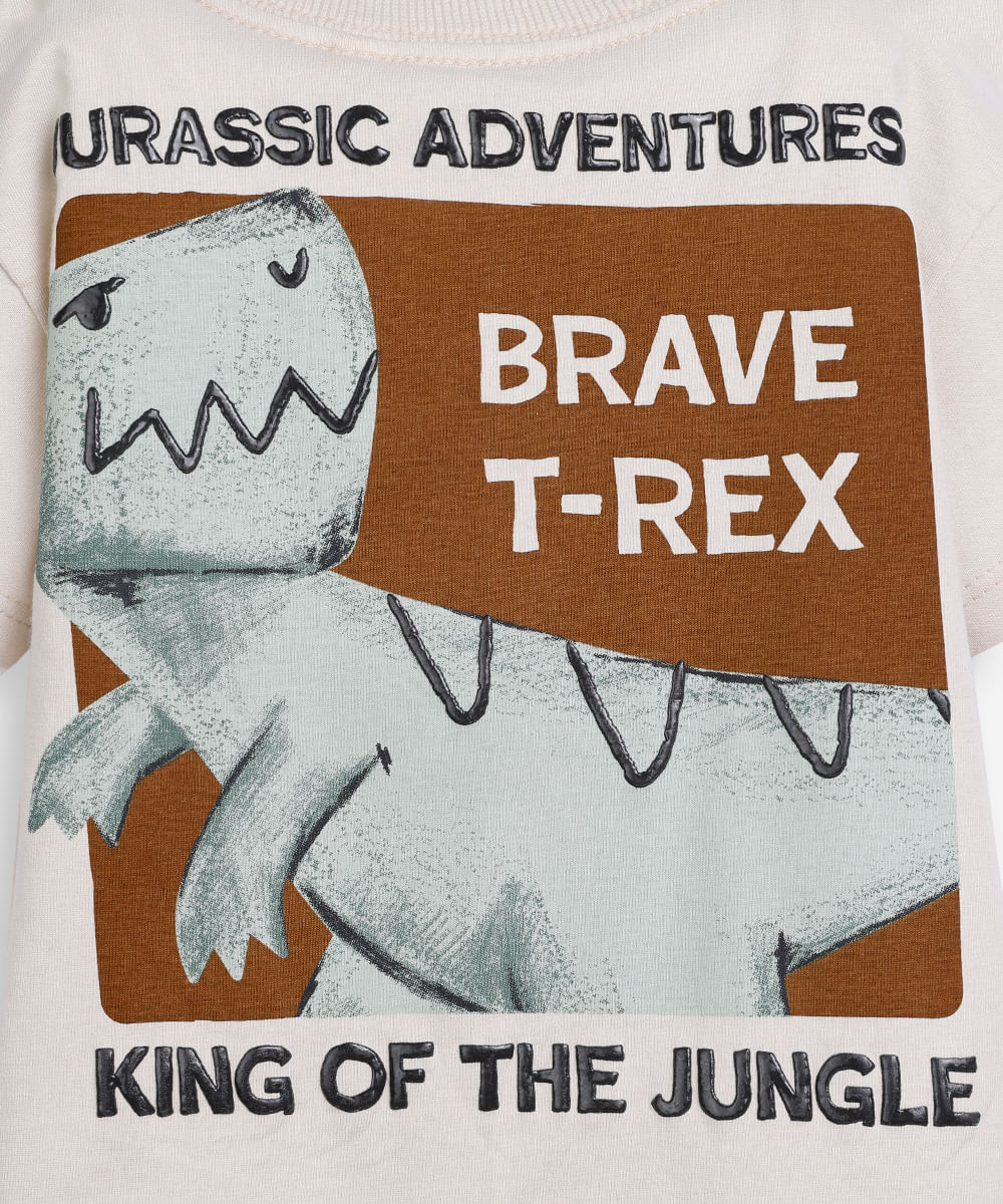 camiseta infantil de algodão manga curta dinossauro bege