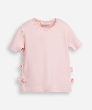 blusa infantil de algodão manga curta com laços canelada rosa