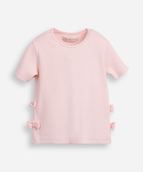 blusa infantil de algodão manga curta com laços canelada rosa