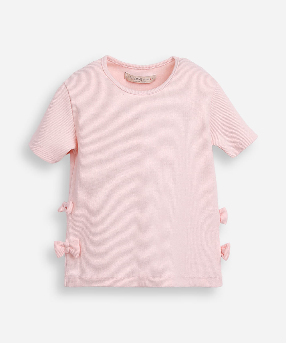 blusa infantil de algodão manga curta com laços canelada rosa