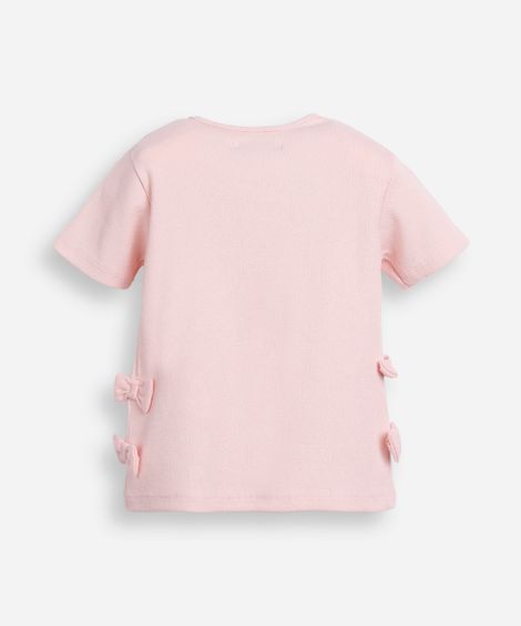 blusa infantil de algodão manga curta com laços canelada rosa