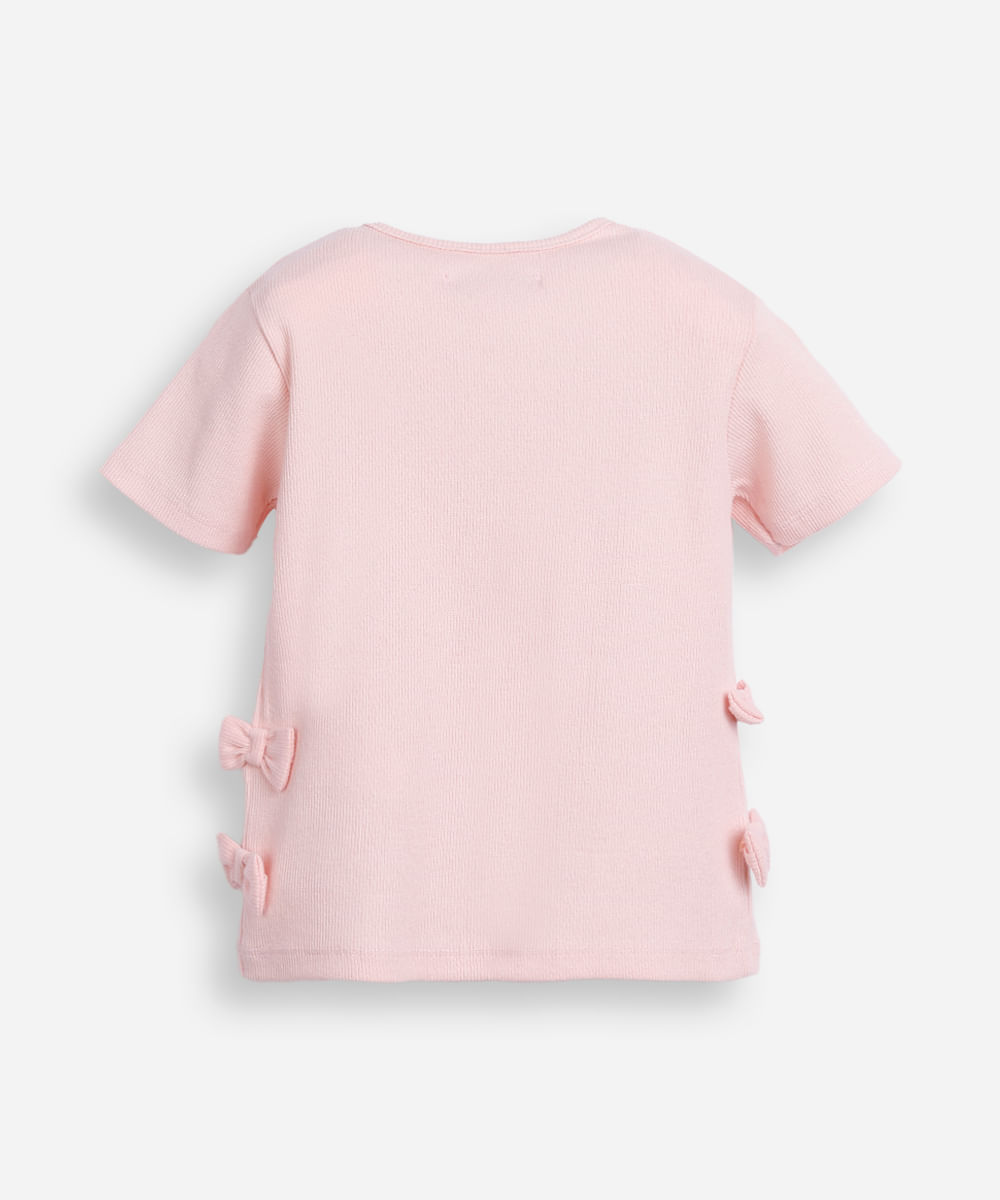 blusa infantil de algodão manga curta com laços canelada rosa