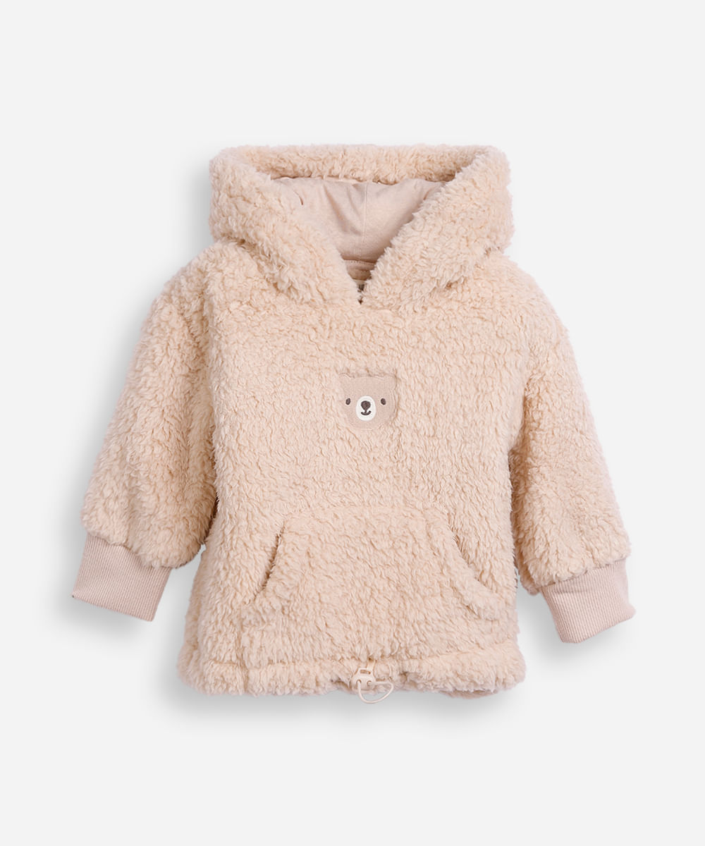 blusão infantil de sherpa bordado urso com capuz bege