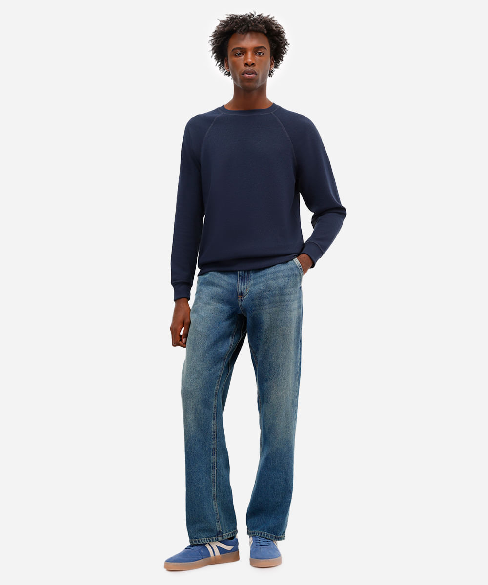 suéter básico masculino manga longa texturizado azul