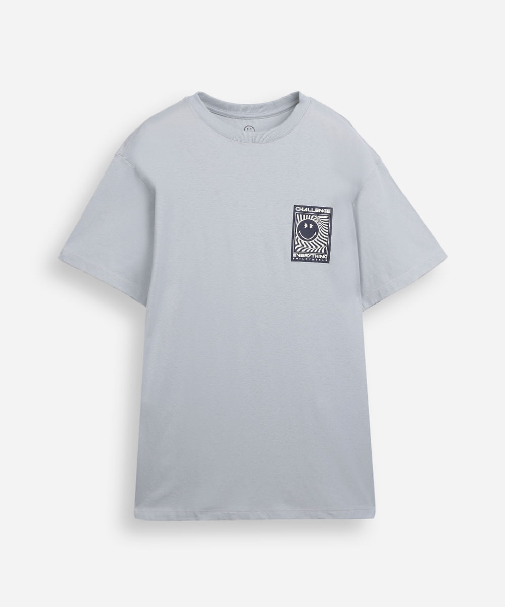 camiseta de algodão juvenil manga curta smiley cinza