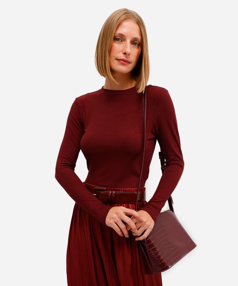 blusa feminina de viscose manga longa canelada vinho