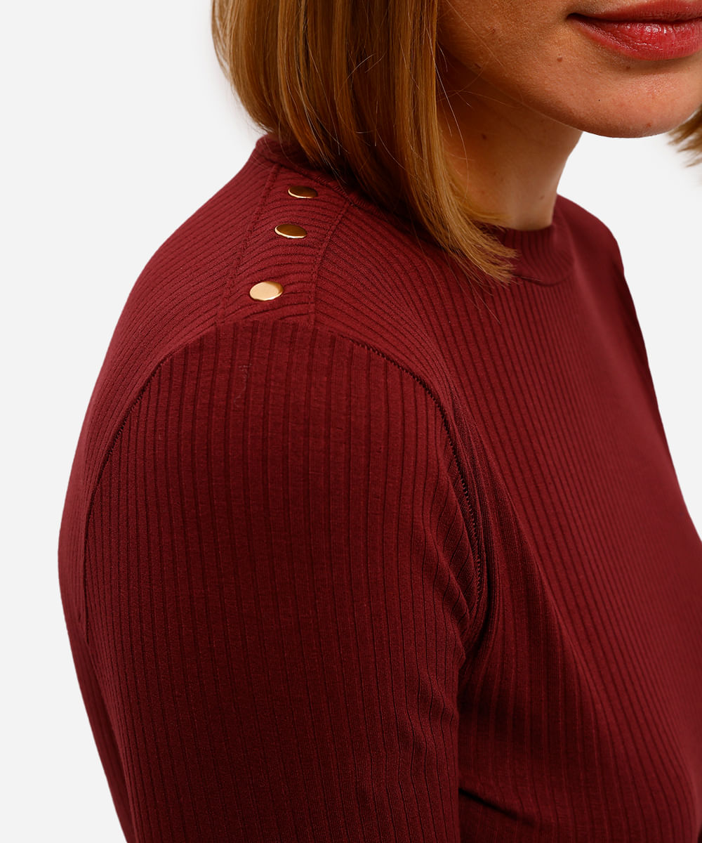 blusa feminina de viscose manga longa canelada vinho