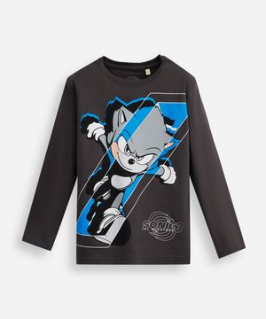 camiseta infantil de algodão sonic manga longa cinza