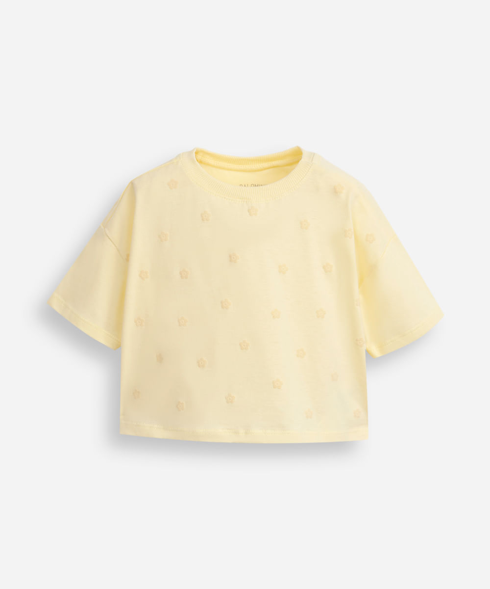 camiseta infantil manga curta floral amarela