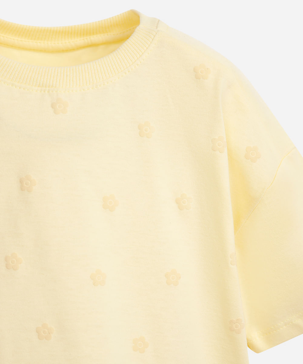 camiseta infantil manga curta floral amarela