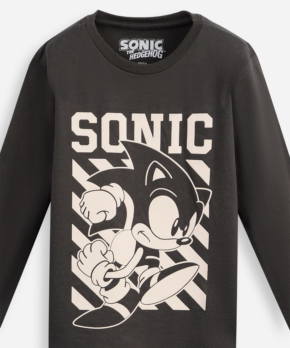 blusa de algodão infantil manga longa sonic cinza