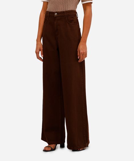 calça wide leg feminina de sarja marrom