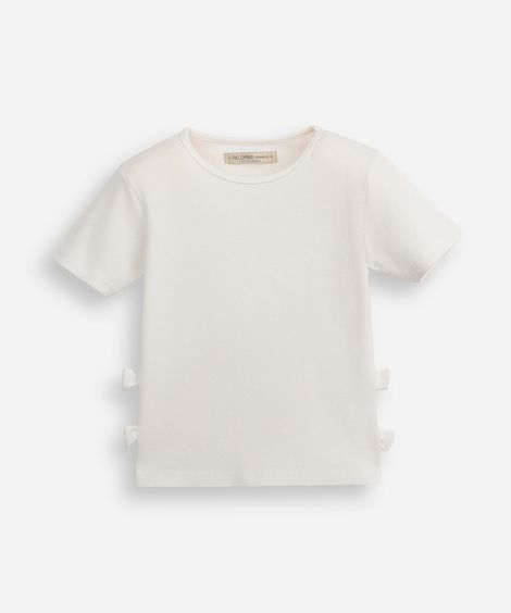 blusa infantil de algodão manga curta com laços canelada off white