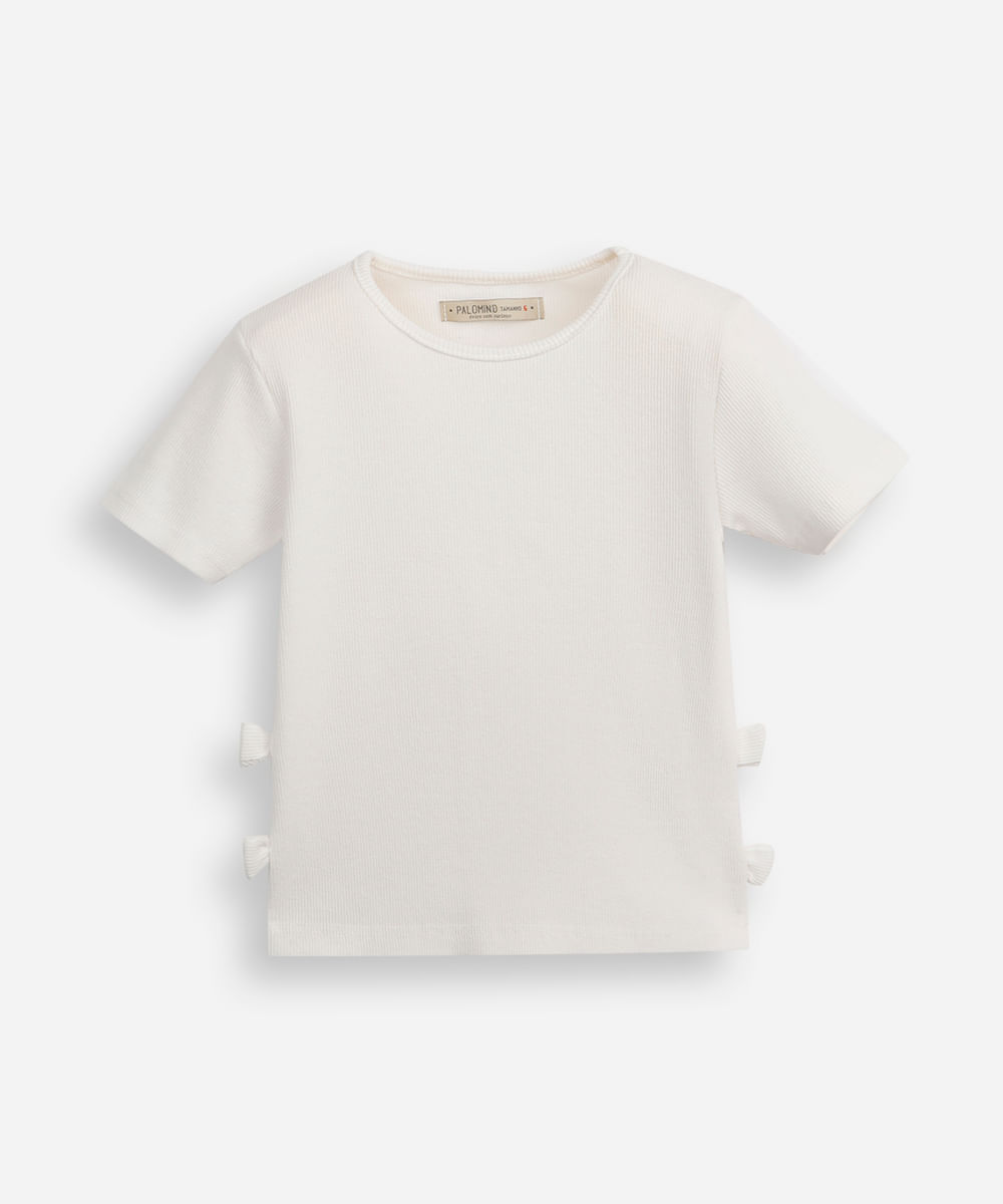 blusa infantil de algodão manga curta com laços canelada off white