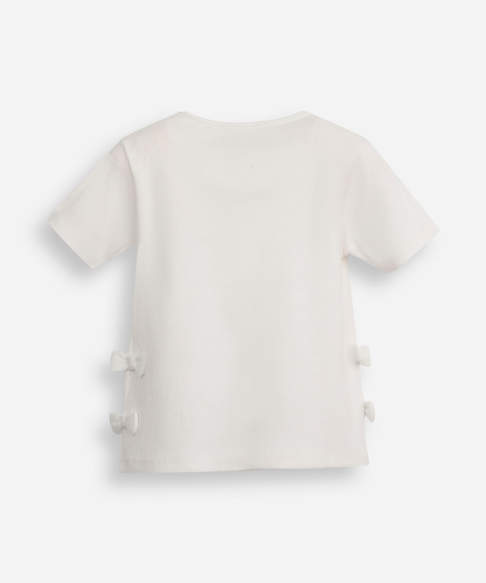 blusa infantil de algodão manga curta com laços canelada off white