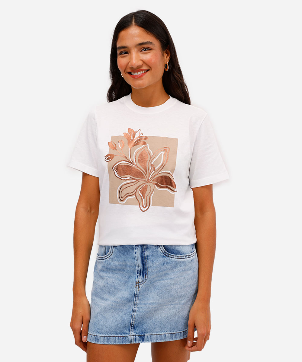 camiseta feminina de algodão floral metalizada off white