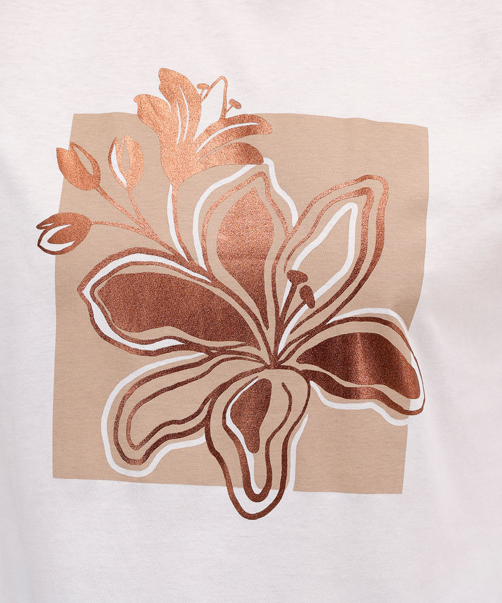 camiseta feminina de algodão floral metalizada off white