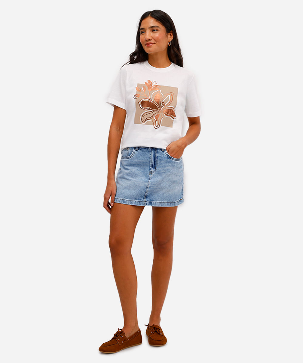 camiseta feminina de algodão floral metalizada off white