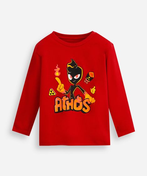 camiseta infantil de algodão athos minecraft manga longa vermelha
