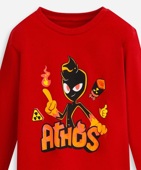 camiseta infantil de algodão athos minecraft manga longa vermelha