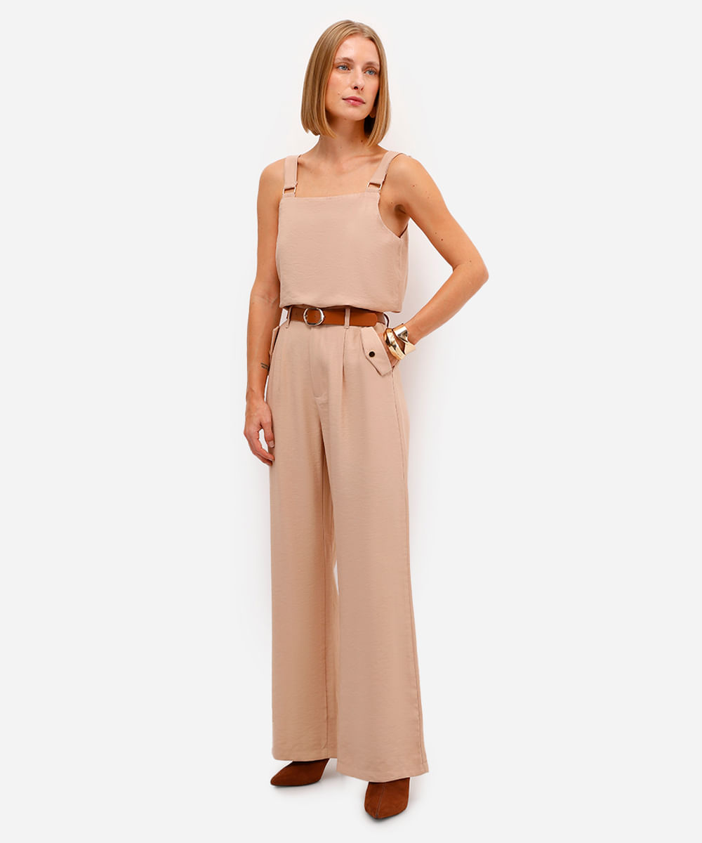 calça wide leg feminina com viscose bege