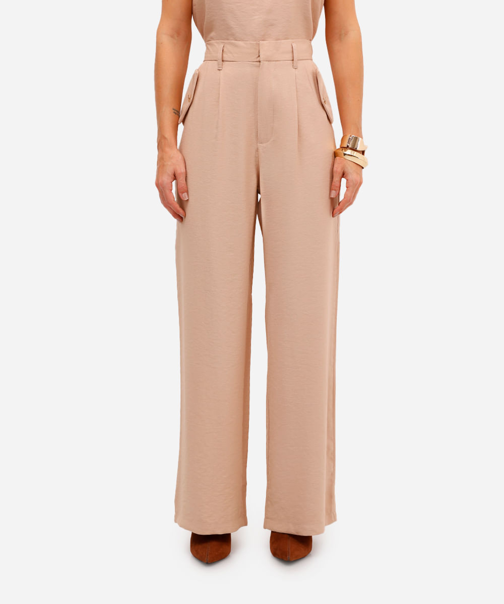 calça wide leg feminina com viscose bege
