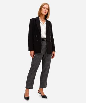 calça reta feminina de alfaiataria cós elástico xadrez cinza