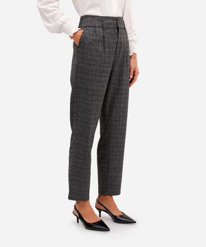 calça reta feminina de alfaiataria cós elástico xadrez cinza