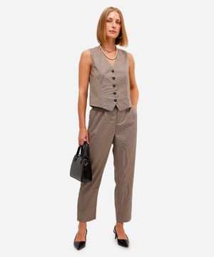 calça reta feminina de alfaiataria cós elástico marrom