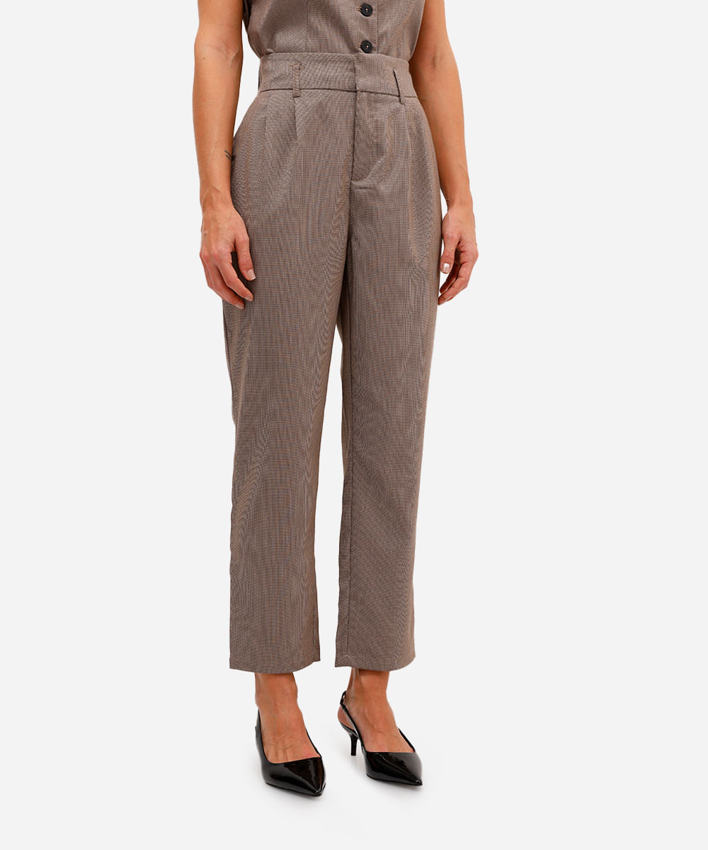 calça reta feminina de alfaiataria cós elástico marrom
